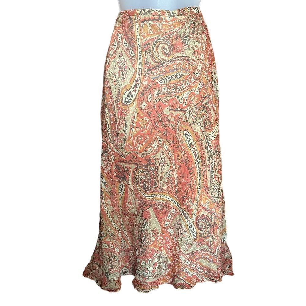 Charter Club Silk Flowy Boho Western Paisley Orange Netral Midi Summer Skirt